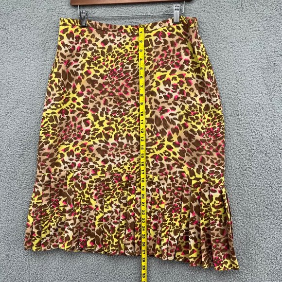 Audrey B Midi Skirt Womens Yellow Pink Cheetah Pleated Side Zip Lined Size 14 - Picture 4 of 11